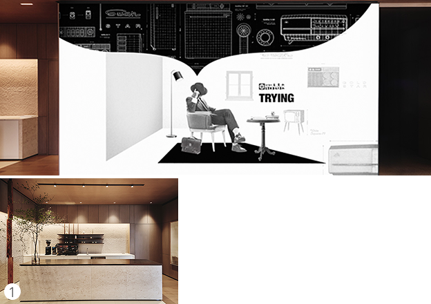 상단에는 흑백 일러스트가 크게 표현된 미디어 월에 ‘TRYING’ 문구 옆에 의자에 앉은 인물 그래픽이 배치됨. 하단 좌측 1번, 중앙의 대리석 아일랜드식탁과 커피머신, 화분이 조화롭게 배치.