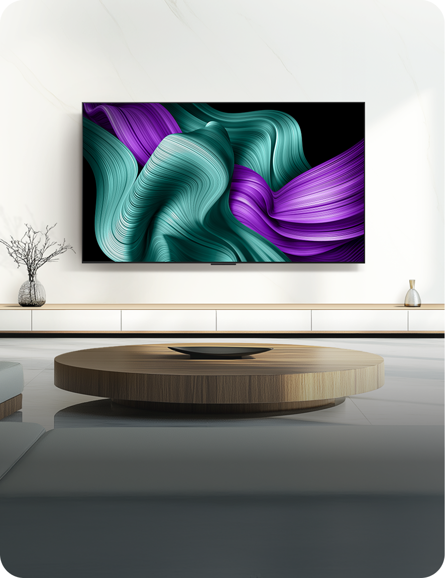 벽에 설치된 LG OLED M5 TV에 초록과 보라색 추상 디자인이 표시된 화면