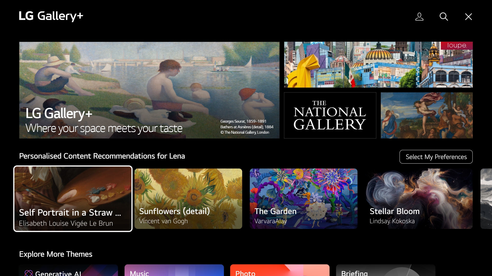 TV 화면에 LG Gallery+ 홈 화면. ‘The National Gallery’ 전시 콘텐츠와 함께 여러 미술 작품 썸네일이 표시되고, 하단에는 트렌딩 콘텐츠와 다양한 테마 메뉴가 나열됨