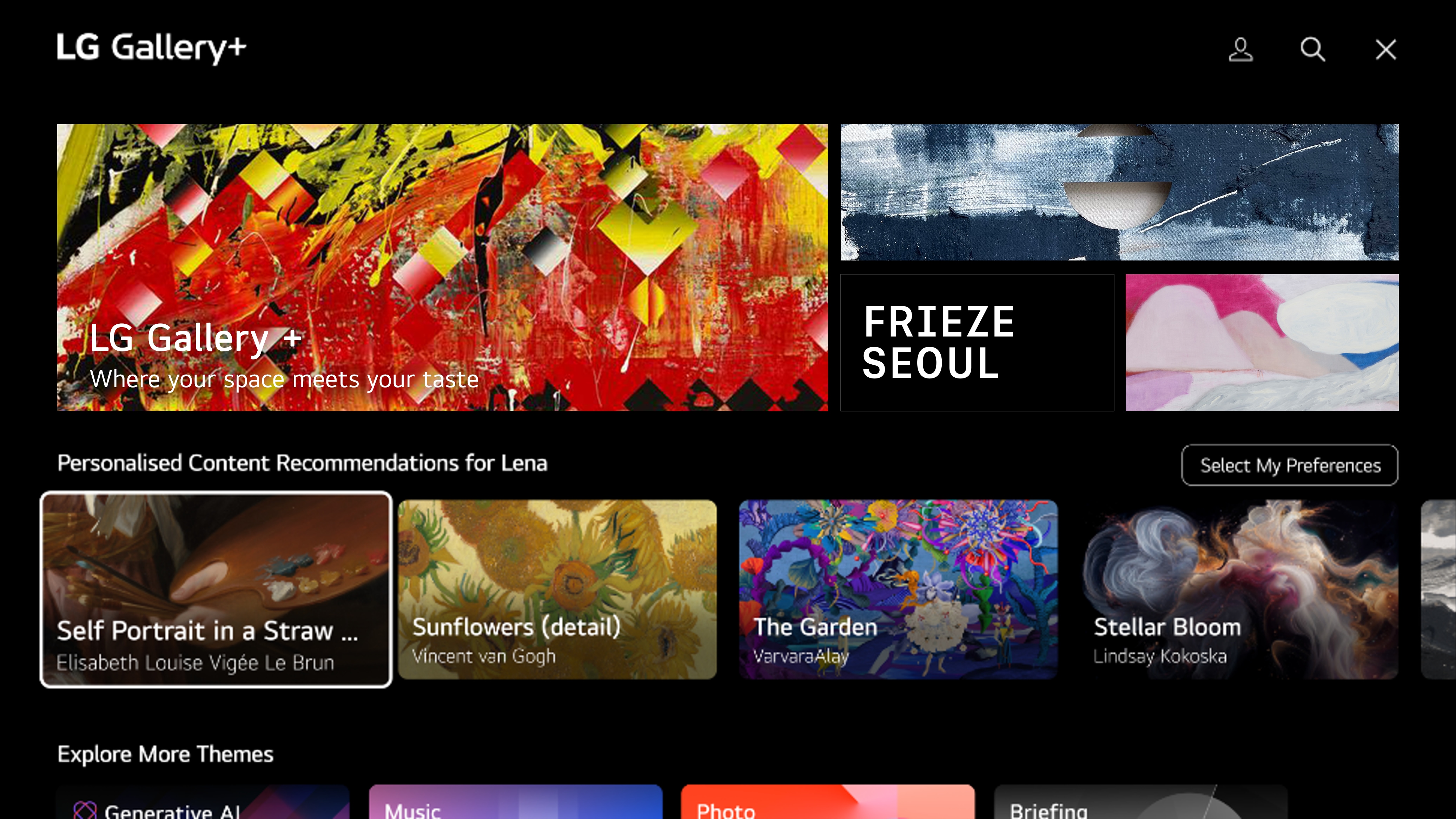 LG Gallery+ 서비스 메인 화면, FRIEZE SEOUL 배너와 맞춤형 예술 작품 추천 카드들이 표시된 모습