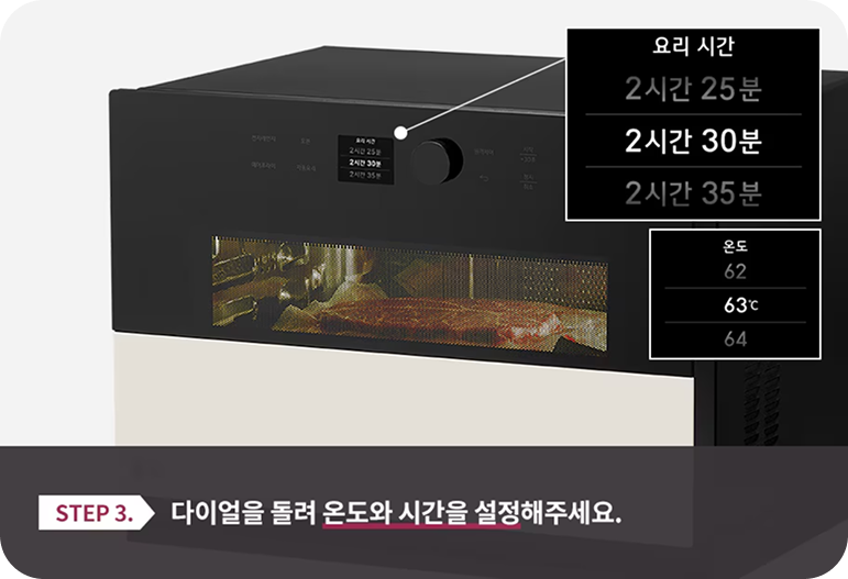 오븐의 디스플레이 설정 화면 확대 이미지. 화면에 요리 시간 2시간 30분, 온도 63도가 설정되어 있는 모습과 이를 설명하는 팝업 그래픽. 하단에는 온도와 시간 설정 방법에 대한 안내 문구가 있음.요리 시간 2시간 25분 / 2시간 30분 / 2시간 35분 온도 62 / 63℃ / 64 STEP 3. 다이얼을 돌려 온도와 시간을 설정해주세요.