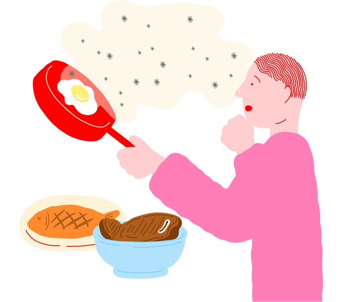 사람이_음식에_케첩을_뿌리는_장면의_일러스트._공기_중에_작은_입자들이_퍼지는_모습이_표현되어_있으며,_하단에는_생선과_스테이크가_놓여_있다.