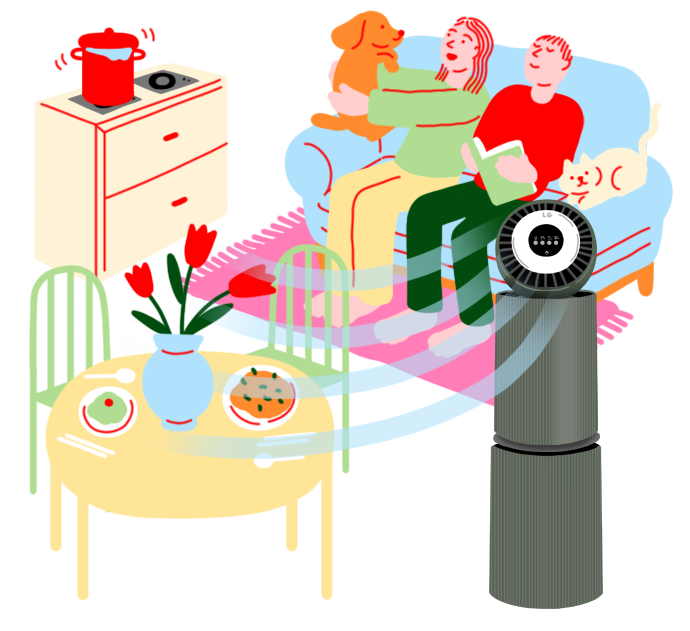 공기청정기를 가동해 쾌적한 공기 속에서 반려견과 함께 휴식을 취하는 가족의 모습.