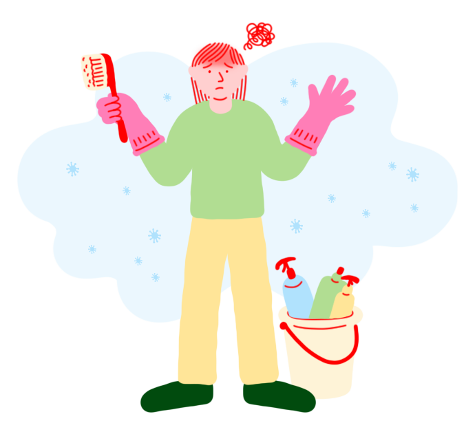 청소 중 세제 냄새나 화학물질에 노출되어 불쾌함을 느끼는 사람의 모습.