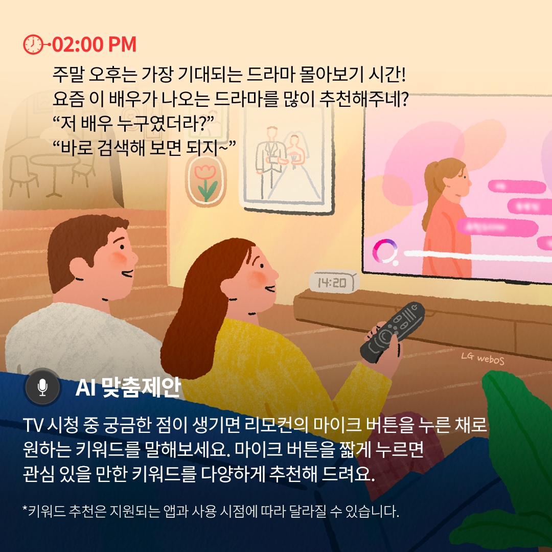 02:00 PM - 드라마 시청 및 AI 맞춤 추천 : 부부가 소파에 앉아 TV로 드라마를 시청하는 장면. 여성은 리모컨을 들고 있으며, '이 배우 누구였더라?'라는 질문과 함께 AI 맞춤 추천 기능이 강조됨. TV 화면에는 로맨스 드라마의 한 장면이 표시됨.