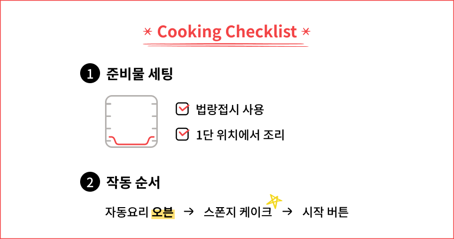 Cooking Checklist. 법랑접시를 사용하고 1단 위치에서 조리한다. 작동 순서는 자동요리 메뉴에서 오븐 → 스폰지 케이크를 선택한 후 시작 버튼을 누른다