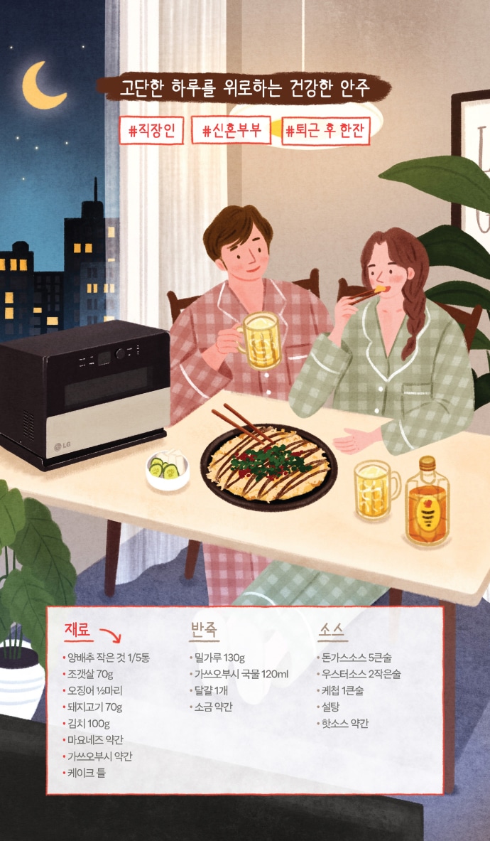체크무늬 잠옷을 입은 남녀가 광파오븐이 놓여있는 테이블에서 하이볼과 안주를 먹고 있다