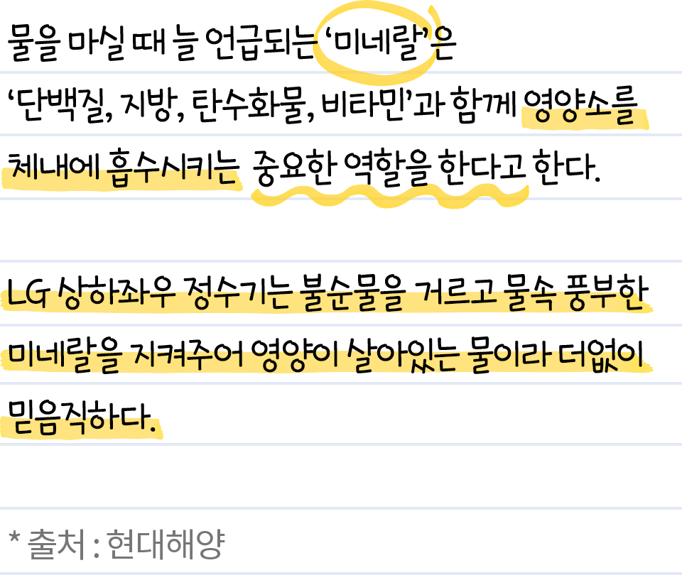 물을 마실 때 늘 언급되는 '미네랄'은 '단백질, 지방, 탄수화물, 비타민'과 함께 영양소를 체내에 흡수시키는 중요한 역할을 한다고 한다. LG 상하좌우 정수기는 불순물을 거르고 물속 풍부한 미네를을 지켜주어 영양이 살아 있는 물이라 더없이 믿음직하다. *출처 : 현대해양