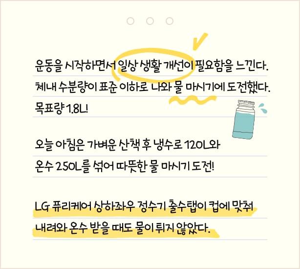 운동을 시작하면서 일상생활 개선이 필요함을 느낀다. 체내수분량이 표준 이하로 나와 물 마시기에 도전했다. 목표량 1.8L! 오늘 아침은 가벼운 산책 후 냉수로 120L와 온수 250L를 섞어 따뜻한 물 마시기 도전! LG퓨리케어 상하좌우 정수기 출수탭이 컵에 맞춰 내려와 온수 받을 때도 물이 튀지 않았다.