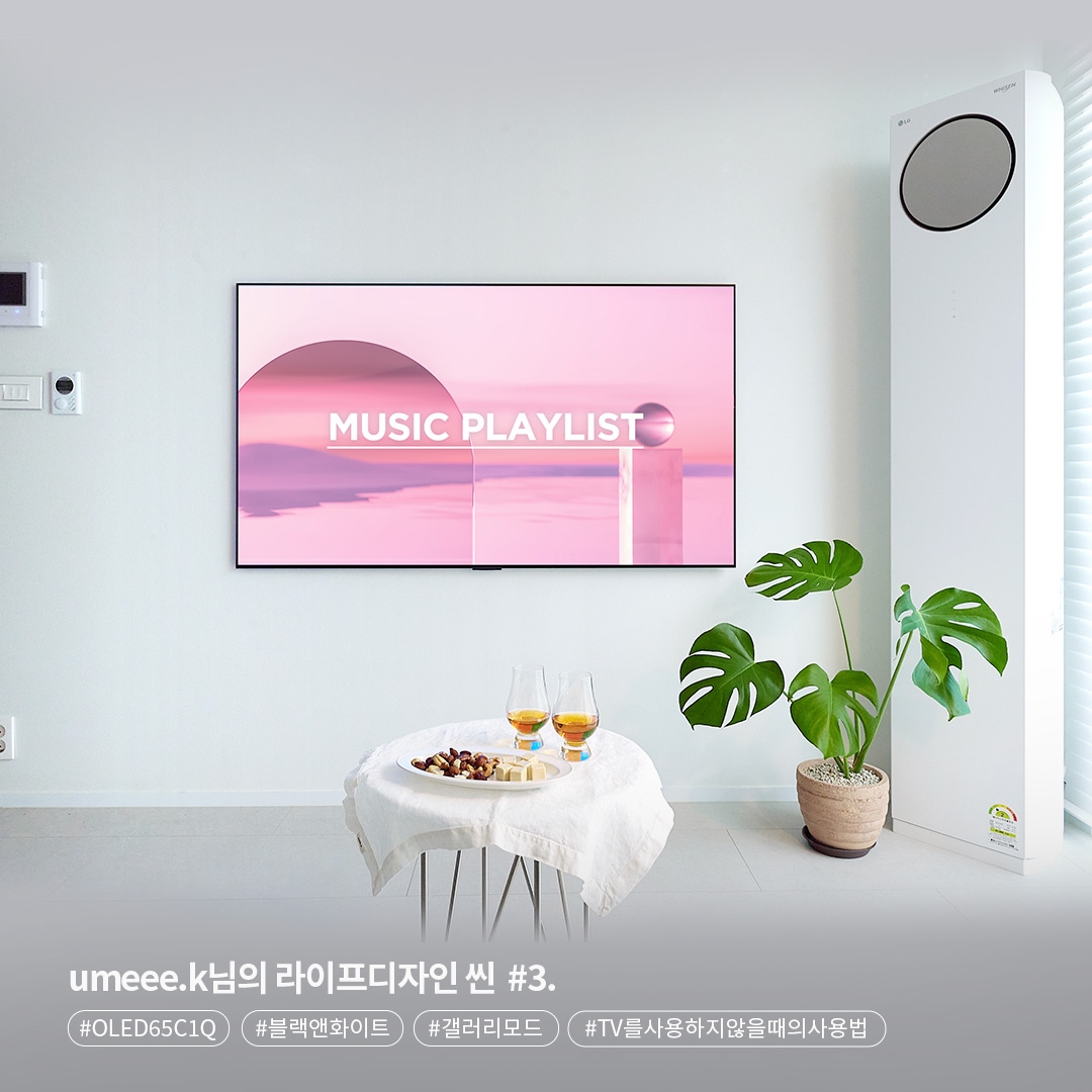 벽걸이 TV가 흰 벽에 설치되어 있으며, 화면에는 