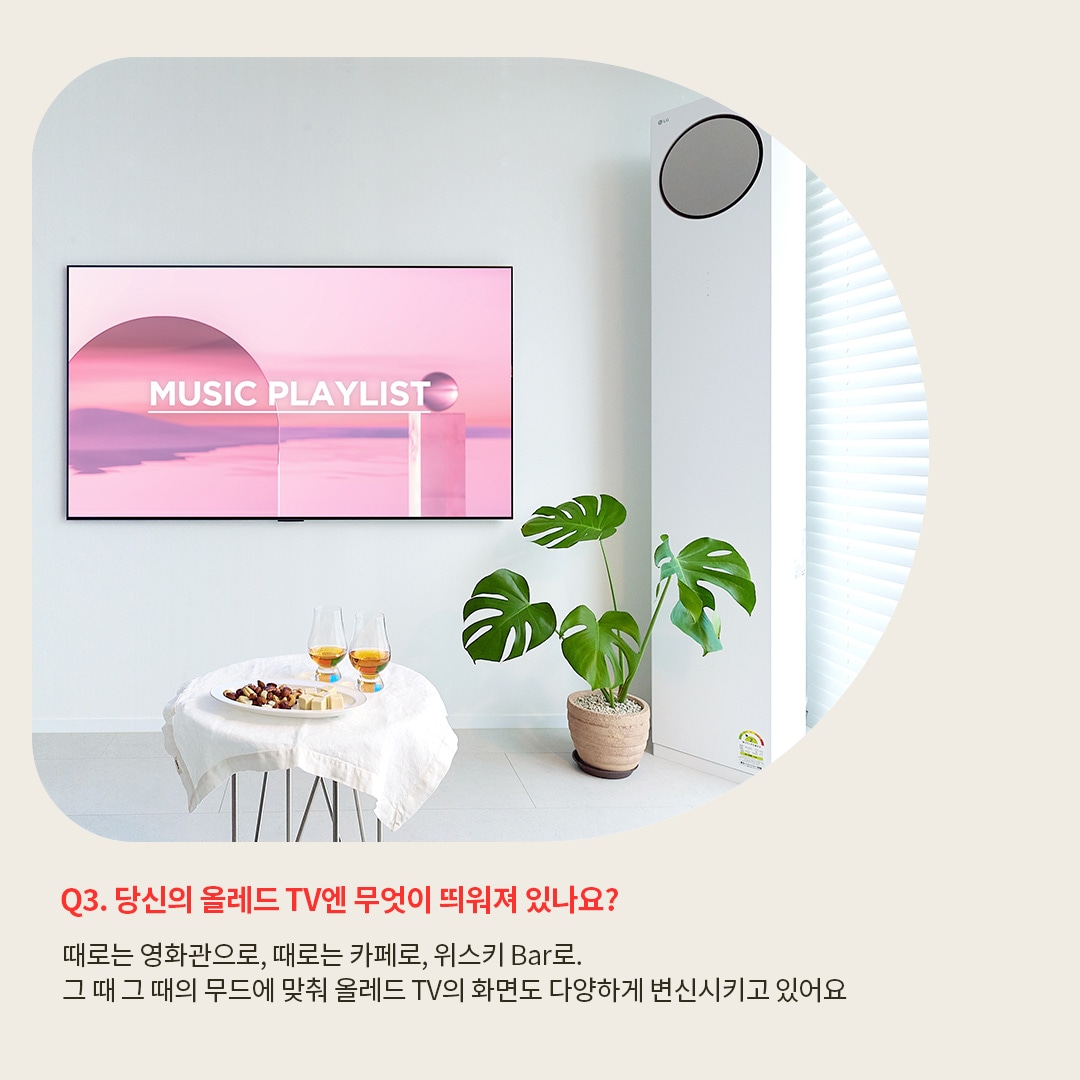 밝은 거실 공간에서 벽걸이형 OLED TV가 설치되어 있으며, 화면에 
