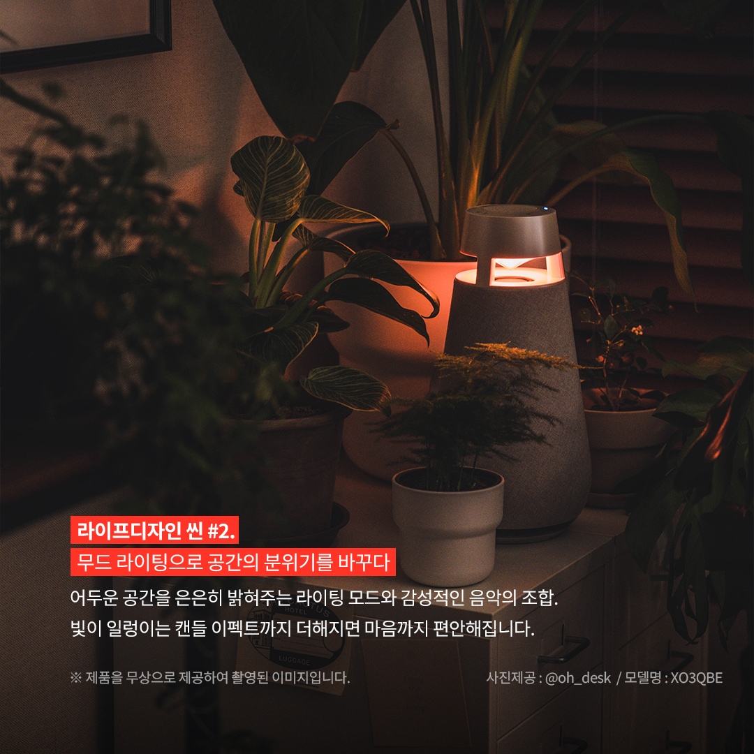 라이프디자인 씬 2. 무드 라이팅으로 공간의 분위기를 바꾸다 어두운 공간을 은은히 밝혀주는 라이팅 모드와 감성적인 음악의 조합. 빛이 일렁이는 캔들 이펙트까지 더해지면 마음까지 편안해집니다. ※ 제품을 무상으로 제공하여 촬영된 이미지입니다. 사진제공: @oh_desk / 모델명: XO3QBE 문구 표시됨. 배경은 어두운 공간, 실내 식물들 사이에 놓인 엑스붐 360 스피커. 스피커에서 나오는 붉은 빛이 식물들을 은은하게 비추고 있음.