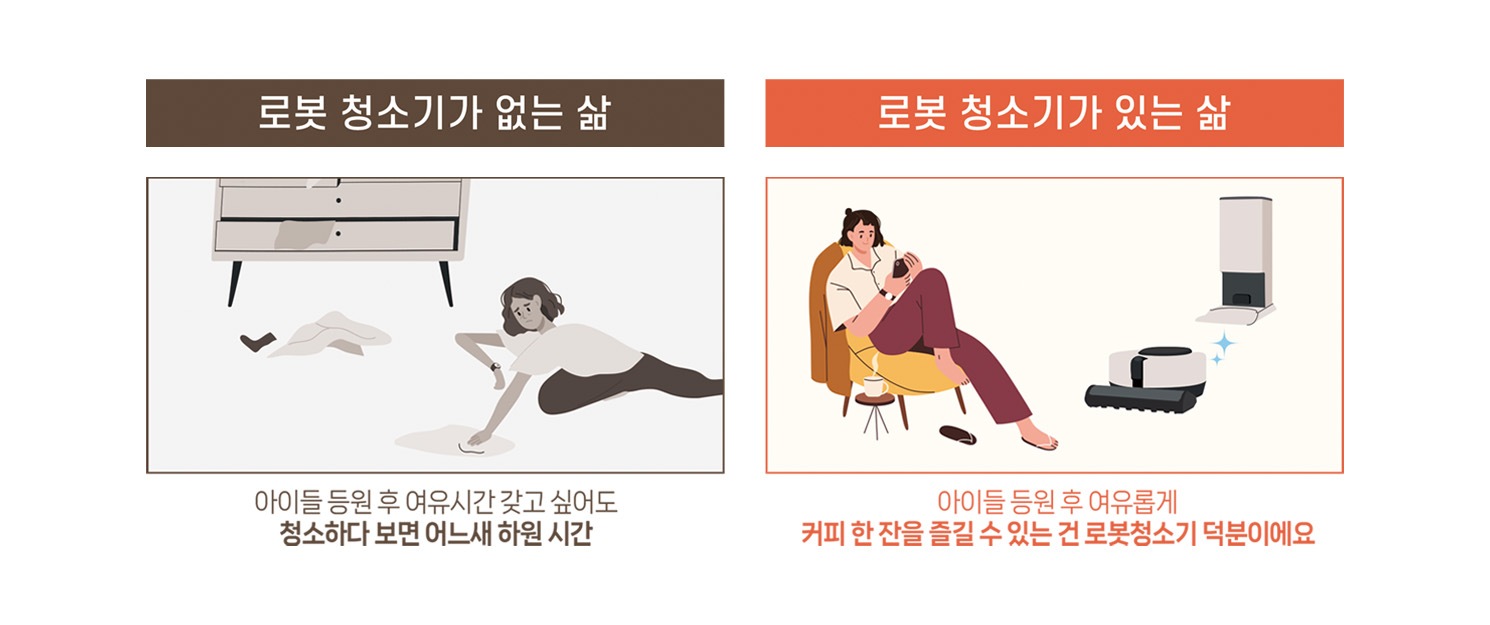 이미지는 로봇 청소기가 없는 삶과 있는 삶을 비교하는 일러스트로 구성되어 있습니다. 왼쪽은 '로봇 청소기가 없는 삶'으로, 바닥에 흩어진 먼지와 장난감을 치우는 여성의 모습이 회색 톤으로 그려져 있으며, 하단 텍스트에는 '아이들 등원 후 여유시간 갖고 싶어도 청소하다 보면 어느새 하원 시간'이라는 문구가 있습니다. 오른쪽은 '로봇 청소기가 있는 삶'으로, 로봇 청소기가 스테이션에서 작동하고 있고, 여성은 편안한 자세로 의자에 앉아 커피를 마시며 휴식을 즐기는 모습이 따뜻한 색조로 표현되어 있습니다. 하단 텍스트에는 '아이들 등원 후 여유롭게 커피 한 잔을 즐길 수 있는 건 로봇청소기 덕분이에요'라는 문구가 있습니다.