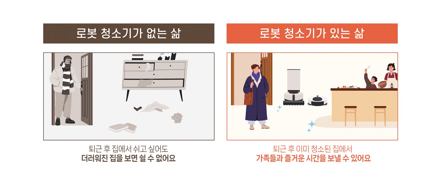 이미지는 로봇 청소기가 없는 삶과 있는 삶을 비교하는 일러스트로 구성되어 있습니다. 왼쪽은 '로봇 청소기가 없는 삶'으로, 외투를 입은 사람이 퇴근 후 더러워진 집에 들어서는 모습이 회색 톤으로 그려져 있으며, 바닥에는 먼지와 쓰레기가 흩어져 있습니다. 하단 텍스트에는 '퇴근 후 집에서 쉬고 싶어도 더러워진 집을 보면 쉴 수 없어요'라는 문구가 있습니다. 오른쪽은 '로봇 청소기가 있는 삶'으로, 외투를 입은 사람이 청소가 완료된 깨끗한 집에 들어서는 모습이 따뜻한 색조로 표현되어 있으며, 가족들이 주방에서 요리를 하며 즐거운 시간을 보내고 있습니다. 하단 텍스트에는 '퇴근 후 이미 청소된 집에서 가족들과 즐거운 시간을 보낼 수 있어요'라는 문구가 있습니다.
