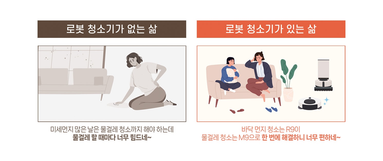 이미지는 '로봇 청소기가 없는 삶'과 '로봇 청소기가 있는 삶'을 비교하는 두 개의 일러스트로 구성되어 있습니다. 왼쪽은 '로봇 청소기가 없는 삶'으로, 회색 톤의 배경에서 무릎을 꿇고 물걸레로 바닥을 청소하며 힘들어하는 여성의 모습이 그려져 있습니다. 하단에는 '미세먼지 많은 날은 물걸레 청소까지 해야 하는데 물걸레 할 때마다 너무 힘드네~'라는 텍스트가 있습니다. 오른쪽은 '로봇 청소기가 있는 삶'으로, 따뜻한 색조의 배경에서 두 명의 사람이 소파에 앉아 아기를 안고 여유롭게 시간을 보내는 모습이 그려져 있으며, 옆에는 로봇 청소기와 먼지 자동 배출기가 깔끔하게 표현되어 있습니다. 하단에는 '바닥 먼지 청소는 R9이, 물걸레 청소는 M9으로 한 번에 해결하니 너무 편하네~'라는 텍스트가 있습니다.