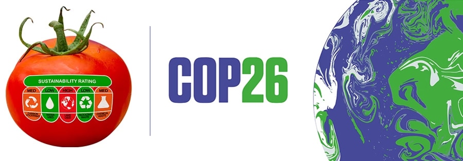 지속가능성 스티커가 붙여진 토마토(좌), 지구가 그려져 있는 COP26 로고(우)