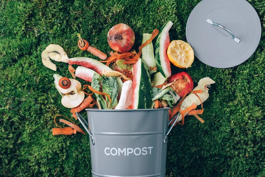 잔디 위에 놓인 ‘퇴비(COMPOST)’라고 적힌 양동이에서 음식물 쓰레기가 흘러나오고 있는 모습 