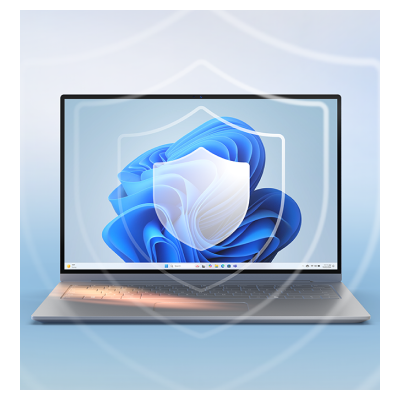화면에 보호막 모양 아이콘이 겹쳐진 노트북 이미지. Windows 보안 기능이 강화된 제품임을 시각적으로 표현함.