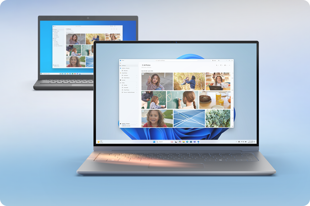 두 대의 노트북이 보이며, 전면의 노트북 화면에는 사진 갤러리 창이 열려 있다. 새로운 인터페이스와 개선된 작업 효율성을 나타내는 장면.