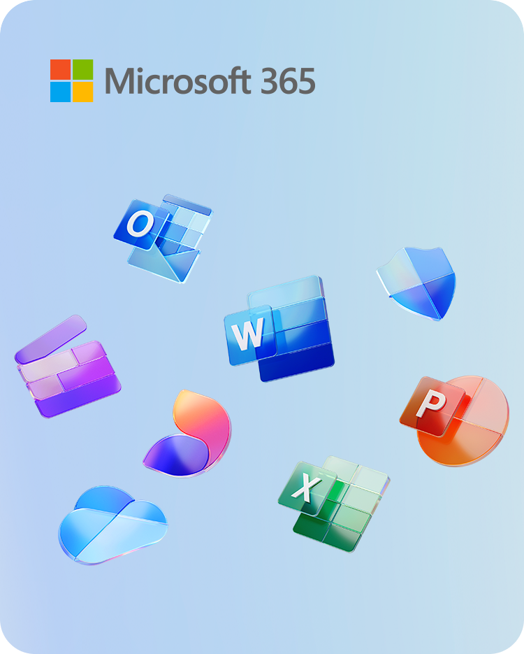 파란색 배경 위에 Microsoft 365 로고와 함께 Word, Excel, PowerPoint, Outlook 등 주요 앱 아이콘들이 공중에 떠 있는 구성. 오피스 프로그램 통합 생태계를 상징함.