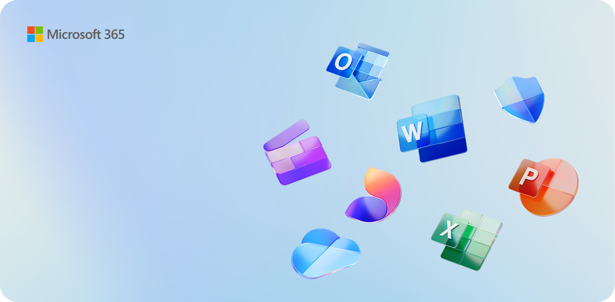 파란색 배경 위에 Microsoft 365 로고와 함께 Word, Excel, PowerPoint, Outlook 등 주요 앱 아이콘들이 공중에 떠 있는 구성. 오피스 프로그램 통합 생태계를 상징함.