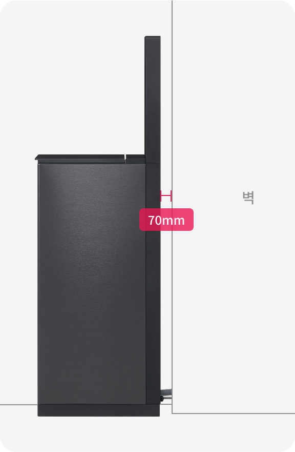 LG myCup 텀블러 세척기가 하부 지지 서포터 위에 설치된 모습을 보여주는 이미지로, 바닥에 설치 면적이 점선으로 표시되어 있다.