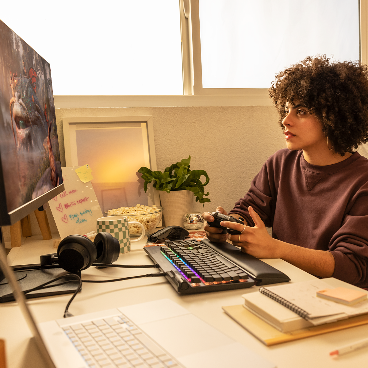 게임 컨트롤러를 들고 데스크탑에서 게임을 즐기고 있는 여성.