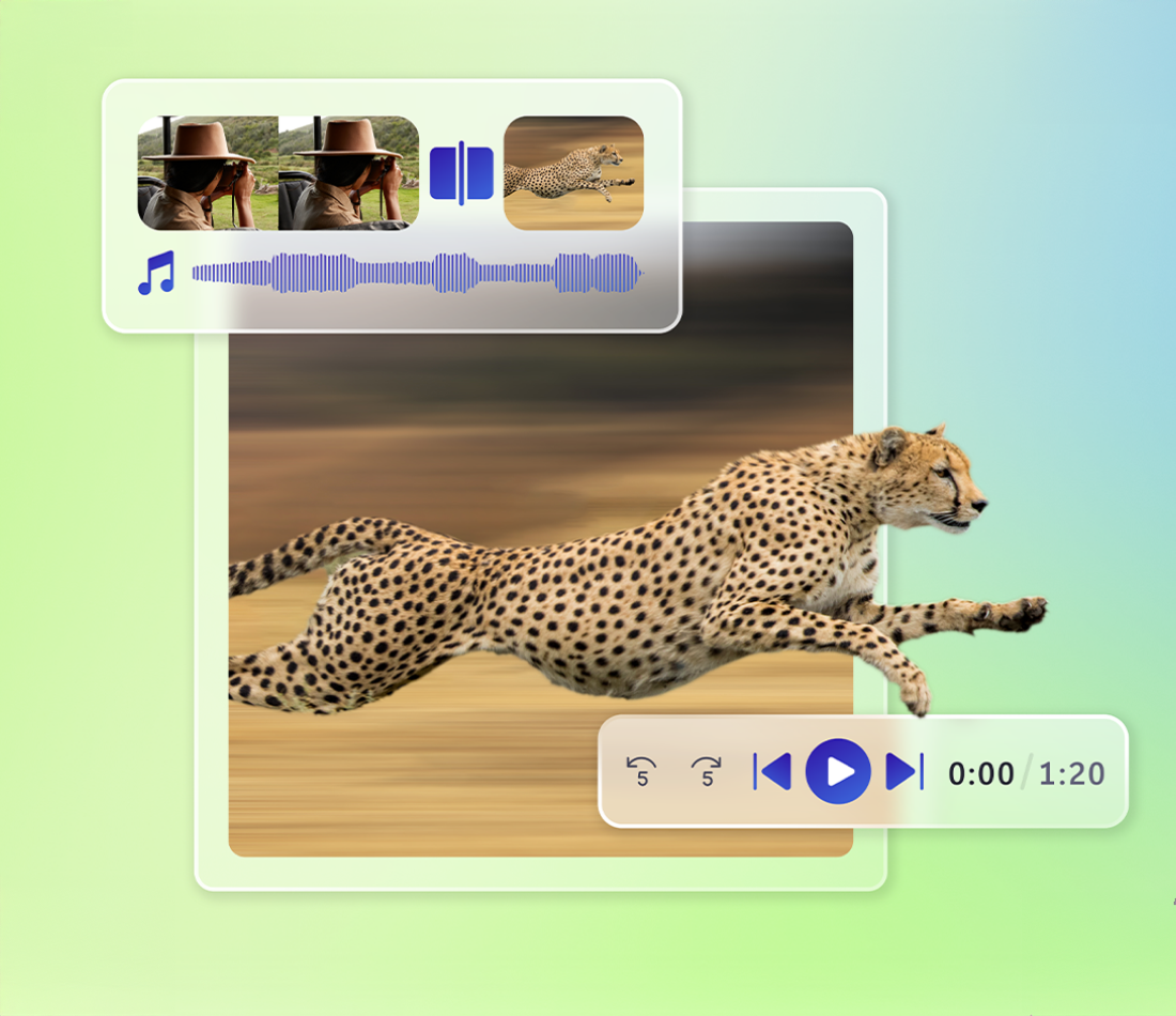 치타가 빠르게 달리는 장면과 함께, 영상 및 음성 편집 인터페이스가 겹쳐져 있는 이미지. 상단에 편집 중인 영상 클립이 보여짐.