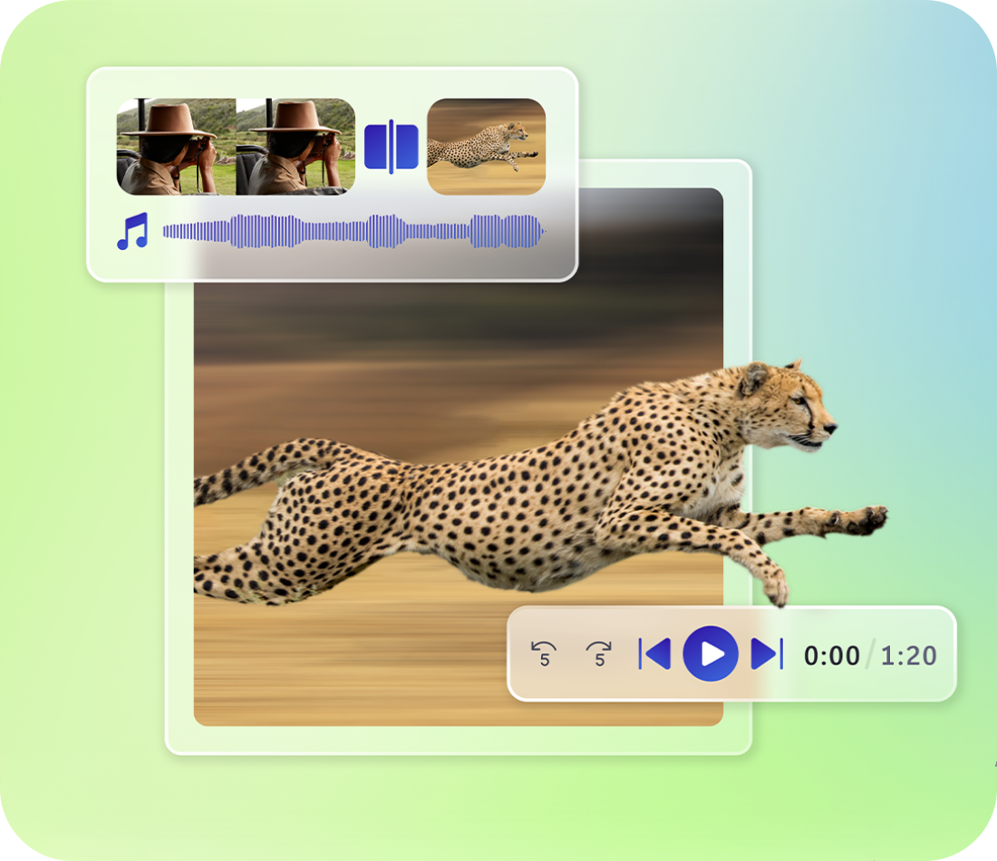 치타가 빠르게 달리는 장면과 함께, 영상 및 음성 편집 인터페이스가 겹쳐져 있는 이미지. 상단에 편집 중인 영상 클립이 보여짐.
