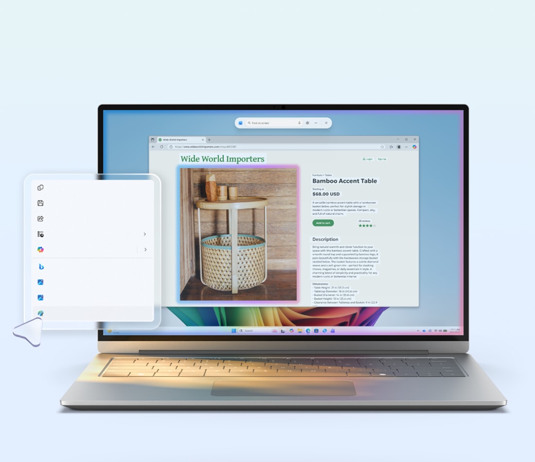전자상거래 웹사이트에서 가구를 검색 중인 노트북 화면. 왼쪽에는 Windows 시작 메뉴가 열려 있고, 오른쪽에는 상품 상세 정보가 표시