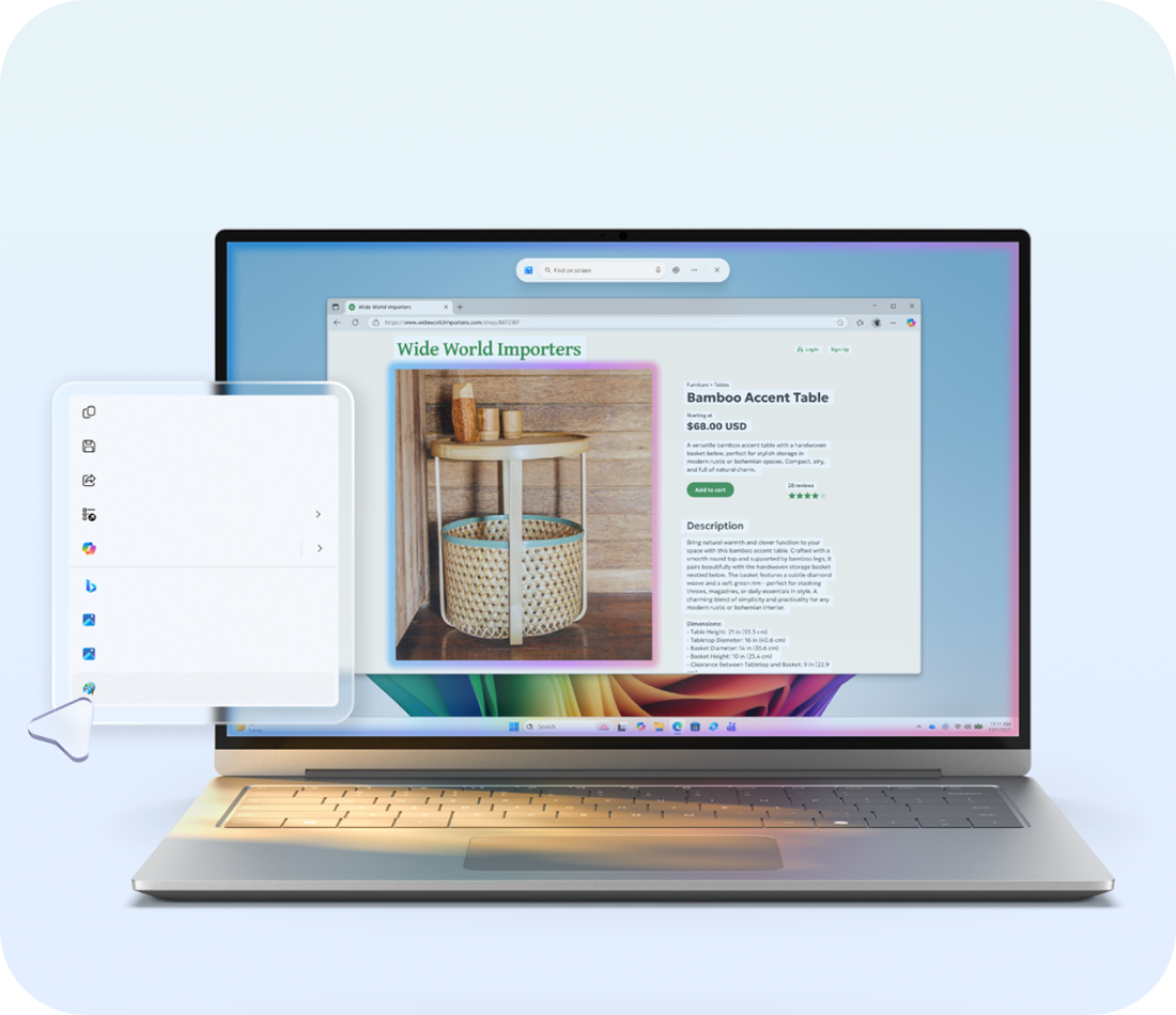 전자상거래 웹사이트에서 가구를 검색 중인 노트북 화면. 왼쪽에는 Windows 시작 메뉴가 열려 있고, 오른쪽에는 상품 상세 정보가 표시