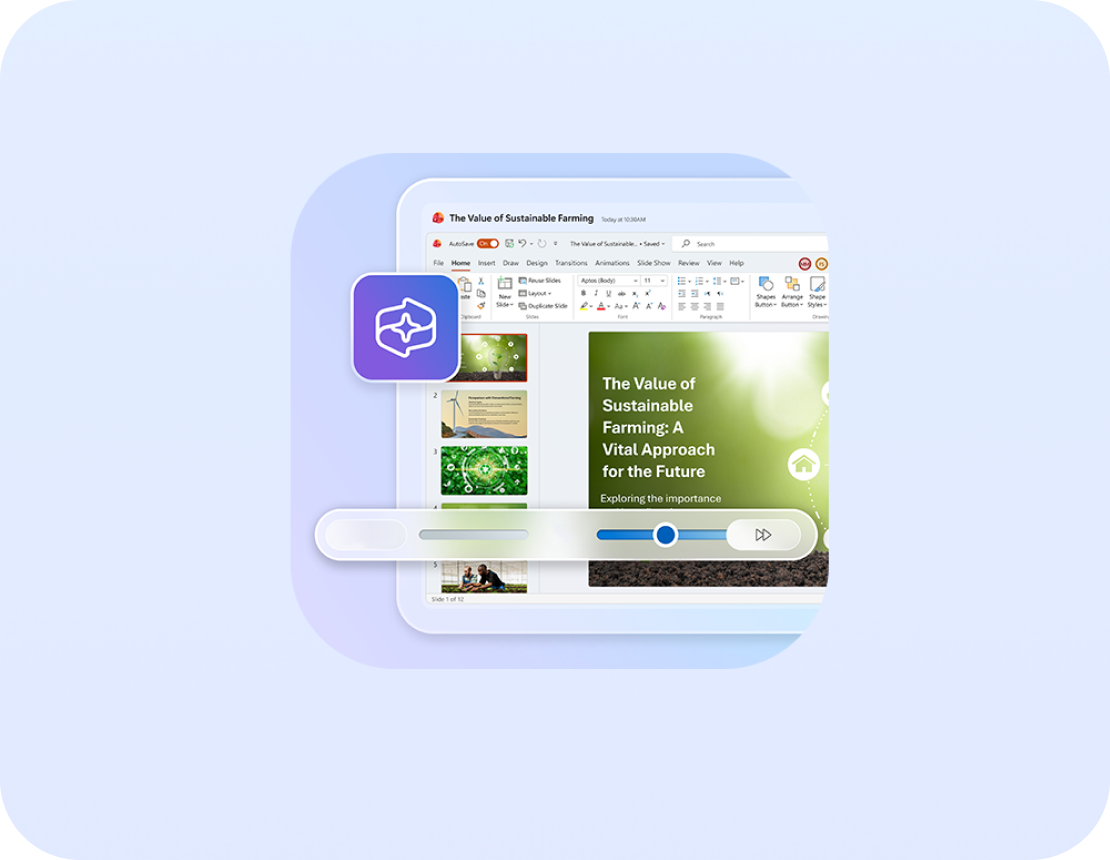 프레젠테이션 슬라이드 편집 화면과 함께 AI 아이콘이 나타나 있는 이미지.