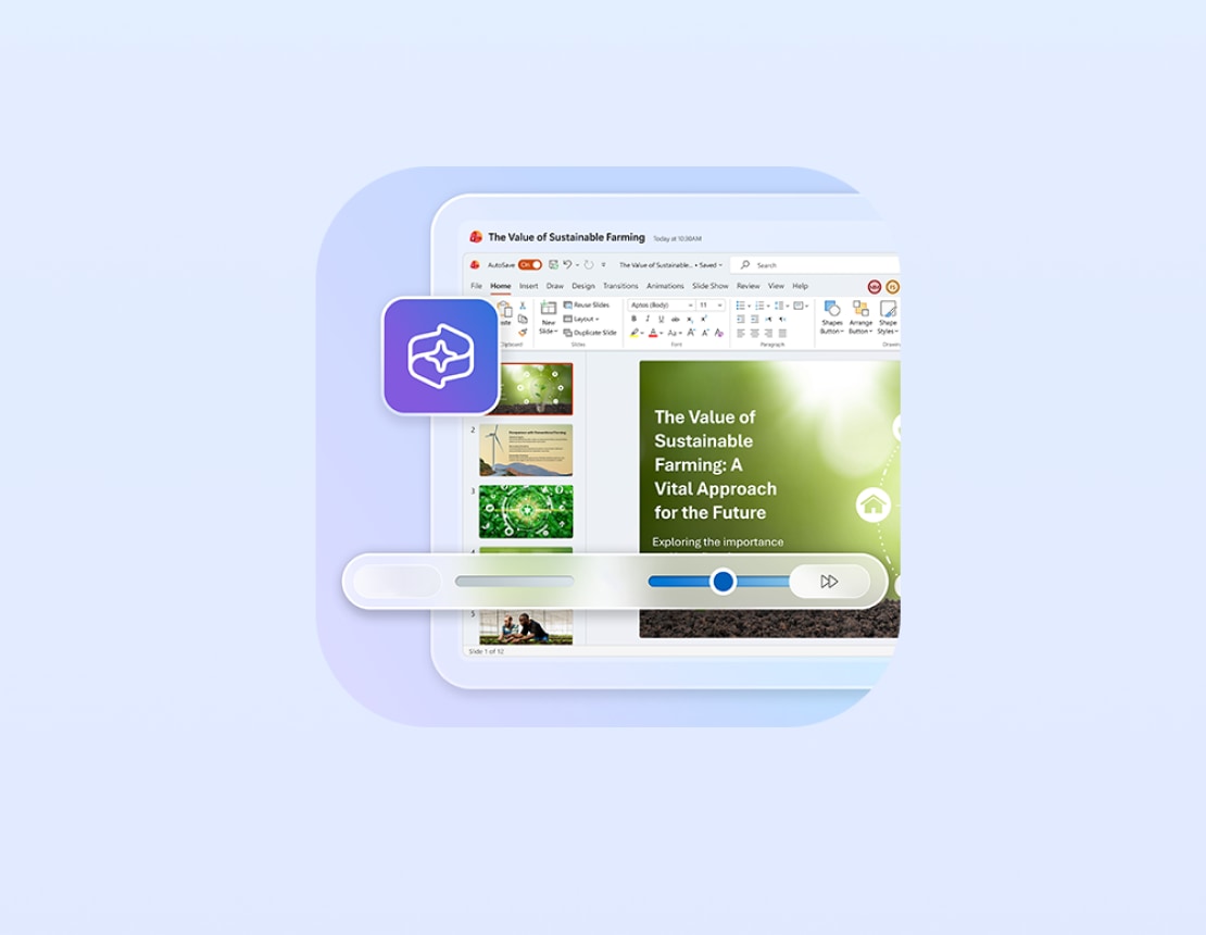 프레젠테이션 슬라이드 편집 화면과 함께 AI 아이콘이 나타나 있는 이미지.