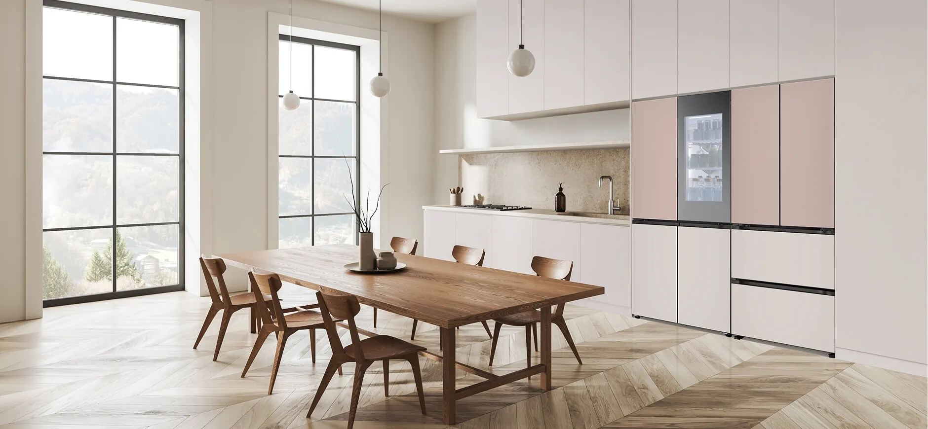 LG 디오스 오브제켈렉션 핏앤맥스 상냉장 하냉동 600리터 급 냉장고와 김치냉장고 4도어를 페어 설치하면 냉장고장과의 4mm 밀착 설치로 깔끔한 인테리어와 효율적인 공간 활용 가능