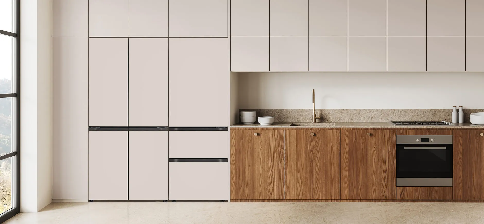 LG 디오스 오브제컬렉션 핏앤맥스 상냉장 하냉동 500리터 급과 김치냉장고 3도어 조합이 냉장고장과 꼭 맞는 빌트인 스타일 주방 인테리어를 구현해 냉툭튀 해결