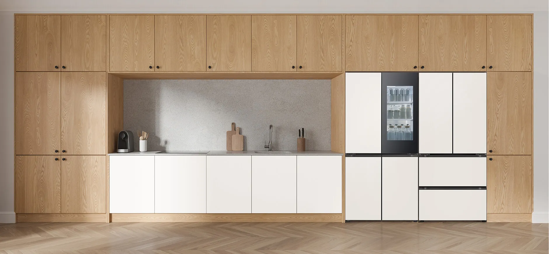 LG 디오스 오브제컬렉션 핏앤맥스 상냉장 하냉동 600리터 급 냉장고와 4도어 김치냉장고가 만나 대용량 식재료와 김치 모두 최적의 상태로 보관 