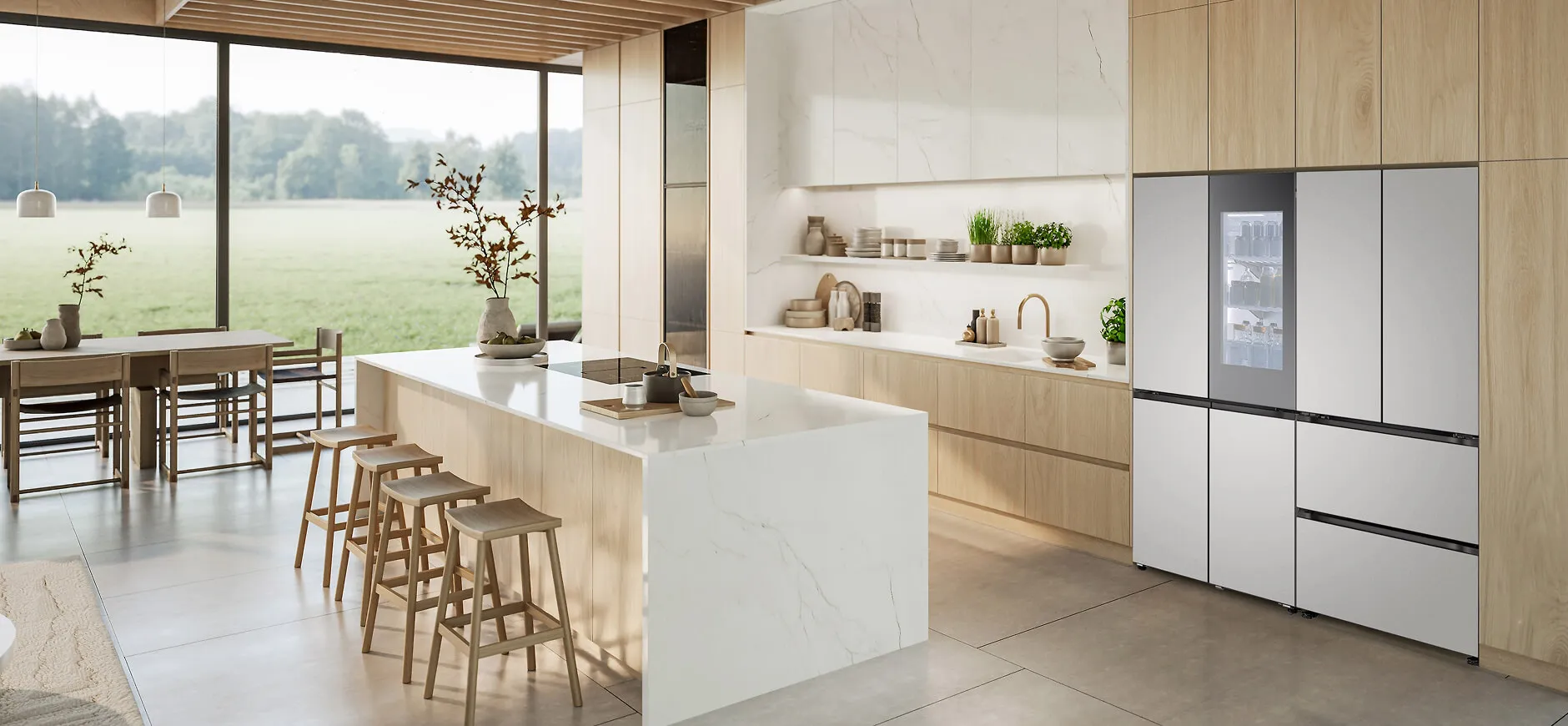 LG 디오스 오브제컬렉션 핏앤맥스 상냉장 하냉동 600리터 급 냉장고와 4도어 김치냉장고 조합이 시너지를 더해 신선함을 극대화하는 경험. 냉장고장에 딱 맞는 일체형 주방 인테리어