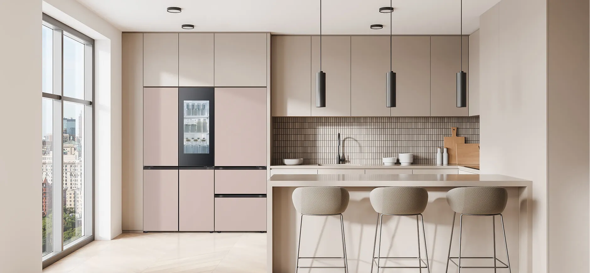 LG 디오스 오브제컬렉션 핏앤맥스 상냉장 하냉동 500리터 급과 슬림한 3도어 김치톡톡 조합으로 공간이 넓지 않아도 좁은 주방 공간에 냉장고장과 밀착 설치