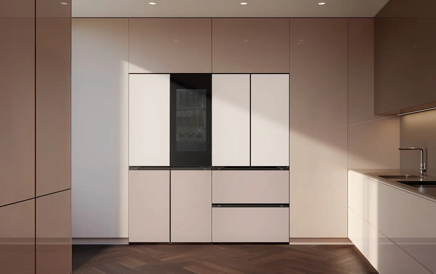 핏앤맥스 냉장고 상냉장하냉동 600리터급과 김치냉장고 4도어 조합은 동일한 너비로 페어설치를 원하는 고객을 위한 트윈 패키지 제품입니다. 내추럴한 인테리어에 냉툭튀를 해결한 깔끔하고 미니멀한 주방 인테리어를 선호하는 4인 가구에 추천합니다.