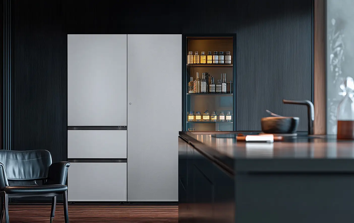 핏앤맥스 김치냉장고 3도어와 컨버터블 패키지 냉동고 조합은 여유로운 냉동실 용량으로 1인 가구의 인테리어 고관여자에게 추천합니다. 심리스한 디자인에 냉장고장과 어우러진 모던하고 시크한 주방 인테리어에 추천합니다. 