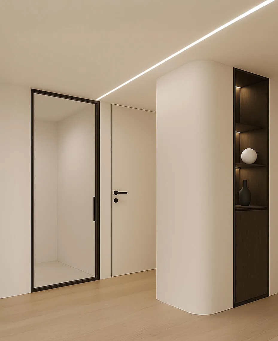 벽과 바닥의 경계에 걸레받이(몰딩)를 없애고 시각적으로 공간이 더 넓어 보이고 개방감을 주는 무걸레받이 트렌드를 반영한 인테리어