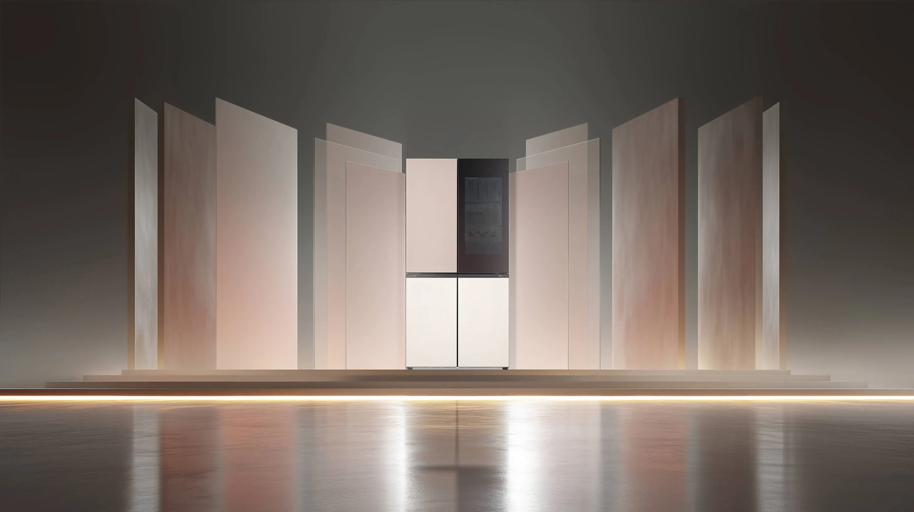 LG 디오스 오브제컬렉션 핏앤맥스의 장점인 주방 인테리어의 핏한 느낌을 살려 슬릭 하게 표현한 생성형 AI 이미지. 다양한 컬러와 질감을 표현하고 제품과 오브제 사이의 4mm 간격을 섬세한 빛의 선으로 나타내 정밀한 디자인 부각