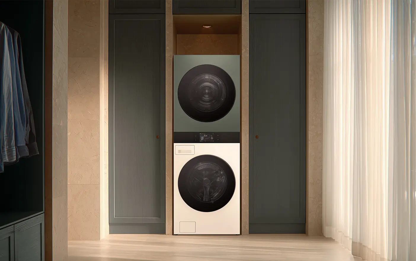 국내 최대 동일 용량 25kg AI 워시타워는 공간 내 조화롭게 어우러지는 풀플랫 디자인으로 베이지, 그린 조합 모델