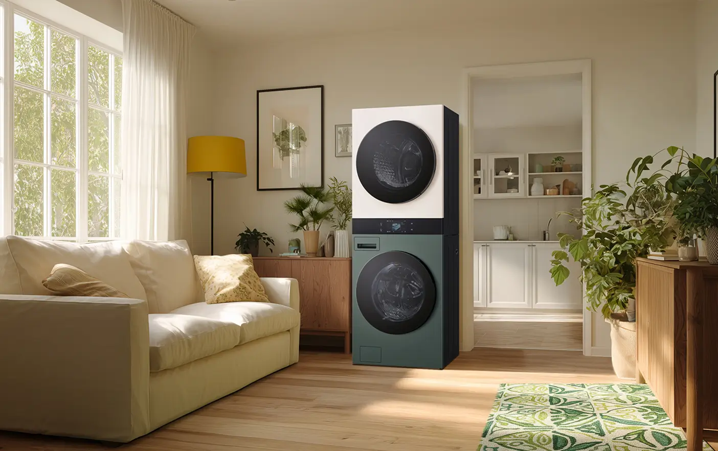 국내 최대 동일 용량 25kg AI 워시타워는 인테리어 가전으로도 조화롭게 어우러지는 그린, 베이지 모델 