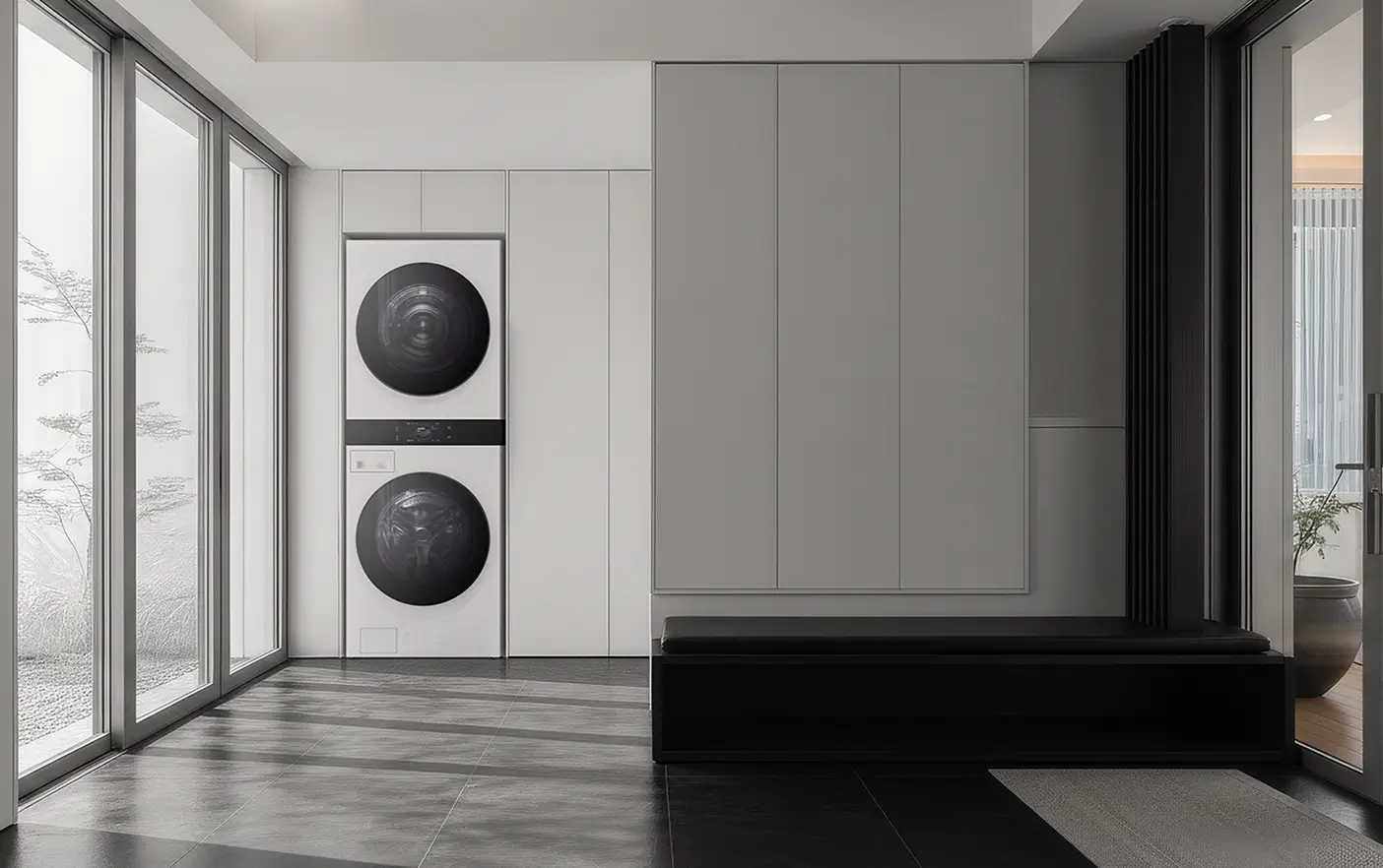 국내 최대 동일 용량 25kg AI 워시타워는 심리스한 디자인으로 미니멀한 인테리어에 잘 어울리는 화이트, 화이트 모델 