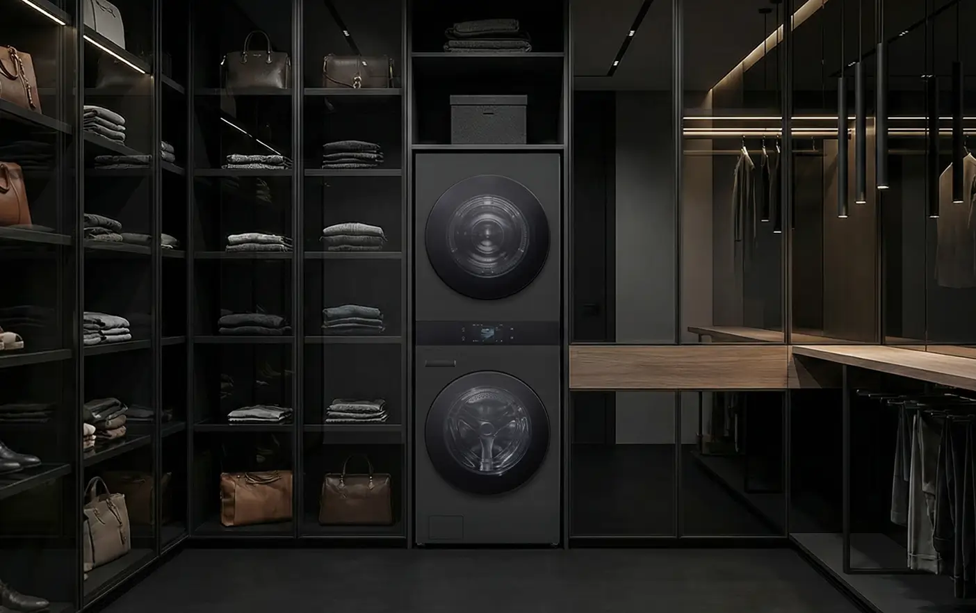국내 최대 동일 용량 25kg AI 워시타워는 풀플랫 디자인으로 모던하면서도 프리미엄한 인테리어를 완성하는 블랙, 블랙 모델