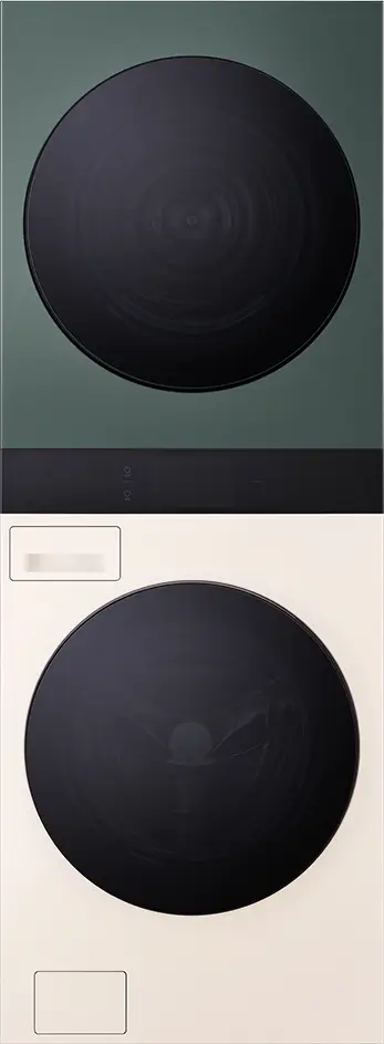 LG 트롬 AI 오브제컬렉션 워시타워의 디자인 특징인 블랙 컨트롤 아이덴티티를 강조하고 상·하부의 투톤으로 심리스한 디자인을 표현한 생성형 AI 이미지. AI 워시타워는 공간에 조화롭게 어우러지고 ‘보이고 싶은 가전’으로서의 디자인 가치를 강화해 풀플랫 디자인을 강조