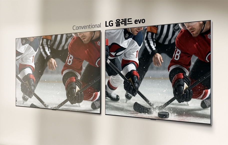 LG 올레드 evo의 성능을 비교하는 두 개의 TV 사진.