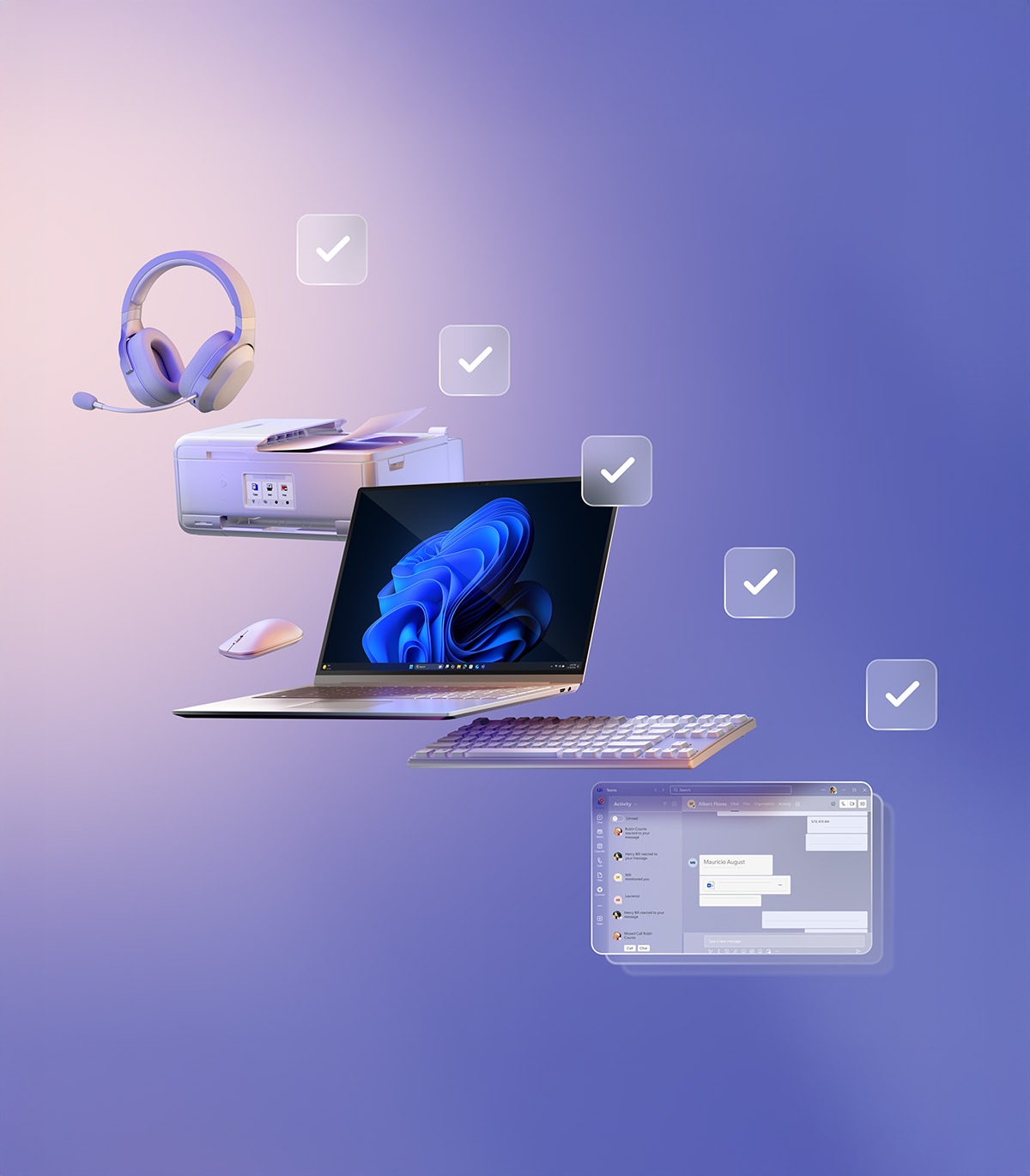 트북을 중심으로 헤드셋, 프린터, 마우스, 키보드, 협업 도구 화면 등이 떠 있는 장면과 체크 아이콘이 함께 나타나, 모든 기기와 업무 환경이 원활하게 연결·호환됨을 강조한 이미지.