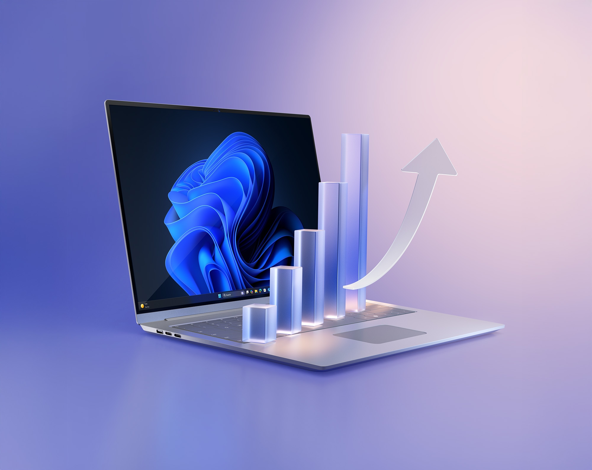 Windows 노트북 위로 투명한 막대 그래프와 상승 화살표가 떠오르며, 생산성 향상과 데이터 분석 성과 증가를 시각적으로 표현한 이미지